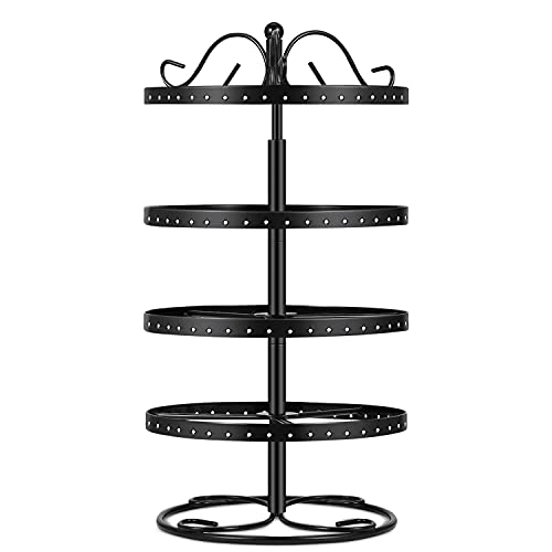 Flexzion 4 Tiers Earring Holder Jewelry Organizer 84 Pairs - Necklace Rotating Spin Display Stand Bracelet Ring Pendants Tabletop Storage Store Rack Tower with Hook on Top for Women Girl (Black)