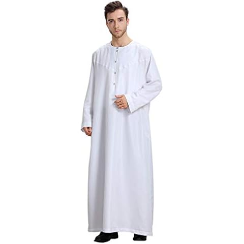 GladThink Men's Muslim Thobe with Long Sleeves and Round Neck White L Cover
