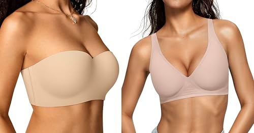 OEAK Womens Wireless Deep V Bras Nude M+Strapless Bras Underwire Non-Slip Tube Top Bra Nude 34D