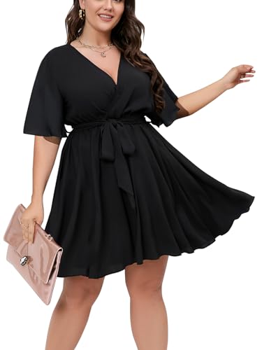 SCOMCHIC Women's Plus Size Summer Dresses Short Sleeve Wrap V Neck A Line Skater Mini Short Dress XL-4XL