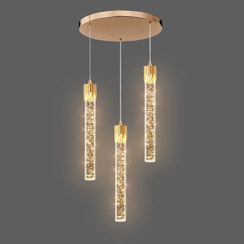 Image of Crystal Bubble Column Pendant Lamp 3000K LED Pendant Light Fixtures, Iron Art Hanging Ceiling Lamp Contemporary Tube Pendant Lighting for Living Room, Dining Room, Bedroom, Stairs (3-light Gold)