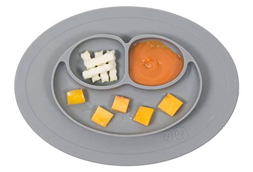 Image of ez pz Mini Mat (Gray) - 100% Silicone Suction Plate with Built-in Placemat for Infants + Toddlers - First Foods + Self-Feeding - Comes with a Reusable Travel Bag