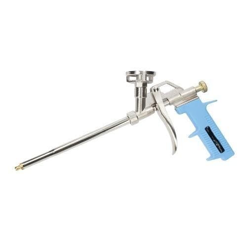 Pistolet à mousse de polyuréthane, corps en aluminium nickelé, gâchette à débit réglable, poignée ergonomique, pression maximale 8 MPa, pour applications d'étanchéité et d'isolation.