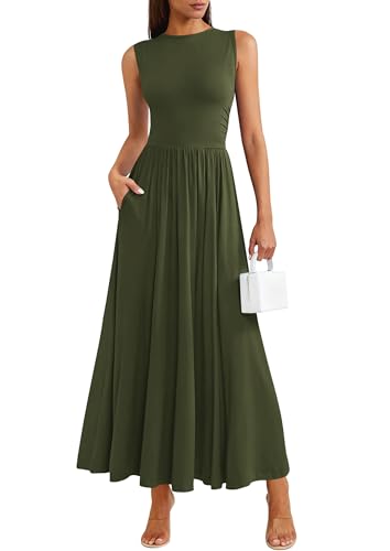 PRETTYGARDEN Summer Maxi Dresses for Women 2026 Sleeveless A Line Flowy Long Casual Sundress Wedding Guest Fashion Clothing (Army Green,Large)