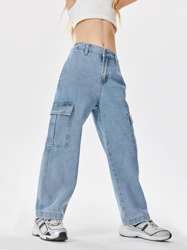 Haloumoning Girls Jeans Denim Elastic High Waisted Wide Leg Baggy Cargo Pants with Pockets 5-14 Years2