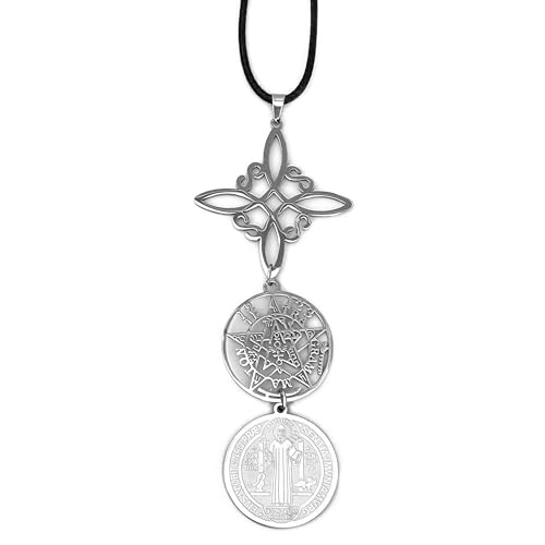 Simboliks Colgante Triple Protección con Tetragrammaton, Nudo de Bruja y Medalla de San Benito, Amuleto contra Mal de Ojo, Hechizos y Energías Negativas, Acero Inoxidable Esotérico Unisex