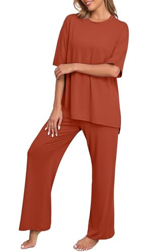 Image of PrinStory Womens Pajamas Sets 2 Piece Lounge Set Short Sleeve Tops and Long Pants Soft Pjs Loungewear with Pockets