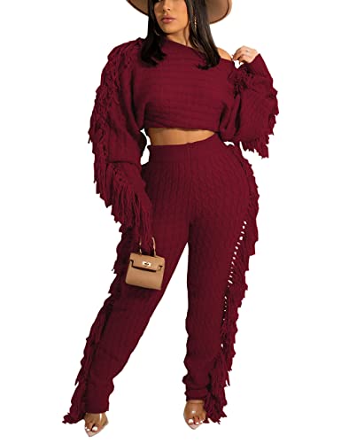 Image of KANSOON 2 Piece Sweater Set for Women Cable Knit Fringe Crop Top and Pants | Cozy feel, ribbed high waist, comfortable stretch fit for birthday and chilly going-out outfits