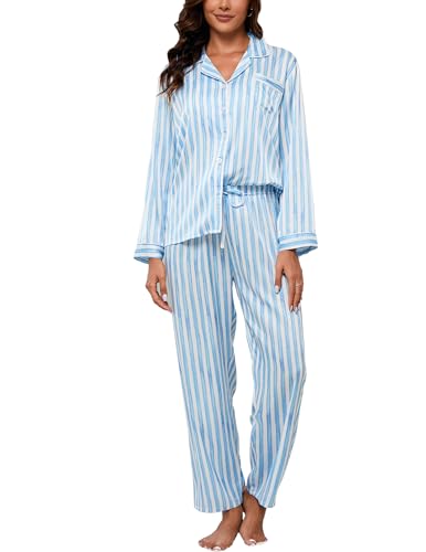 Image of UMBY Silk Satin Pajamas for Women Set 2 Piece Silk Pjs Long Sleeve Top Cozy Sleepwear Silky Pajamas