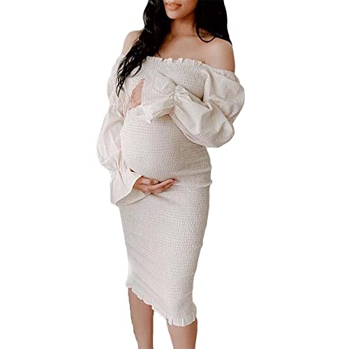 ChILuer Plaid Off Shoulder Bodycon Midi Smocked Maternity Dress Baby Shower Dress for Photography Apricot M