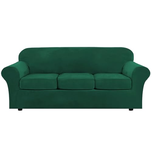 H.VERSAILTEX Modern Velvet Plush 4 Piece High Stretch Sofa Slipcover Sofa Cover Furniture Protector Form Fit Thick Velvet Sofa Cover for 3 Cushion Couch Width Up to 90 Inch (Sofa,Vintage Green)