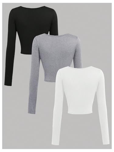 SOLY HUX Girl's 3 Piece Long Sleeve T Shirts Square Neck Basic Slim Fitted Tees Crop Tops2