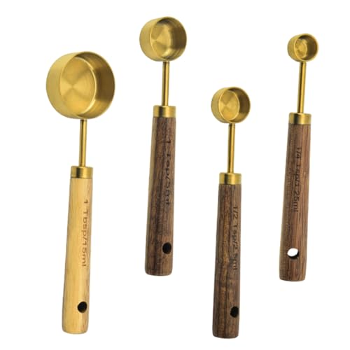 LEDMOMO 4個 ステンレス製木柄計量スプーン点 グラム目盛り付き 長柄設計 キッチン カフェ用液体粉末対応 料理 ベーキング用丈夫ツール