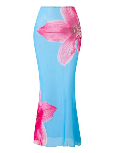 Image of ZAFUL Women's 3 Piece Floral Swimsuit Draped Neck Halter Bikini Tie Side Bathing Suit with Sheer Cover Up Skirt