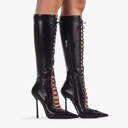 10cm Large Size Pointed Hollow Cross-strap High Heels for Women Stiletto Knee-high Boots for Nightclub Party3