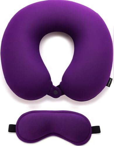 Image of Microfiber Travel Pillow with Eye Mask - Soft Neck Support Pillow for Airplane, Car, Train & Office - Compact & Lightweight Travel Essentials Set for Men & Women,Purple