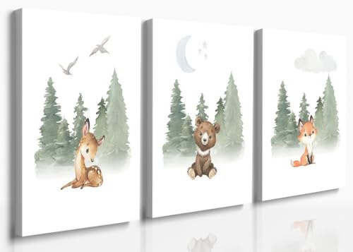 Image of GUBIYU Woodland Animal Nursery Wall Art Decor Set of 3 Baby Boys Room Wall Art Forest Animal Canvas Wall Decor Kids Art Prints Watercolor Bear Deer Fox Pictures Artwork for Bedroom Nursery 12"x16"