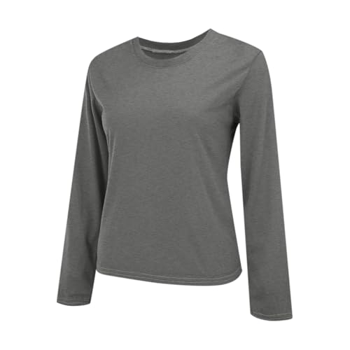 Camiseta de manga larga para mujer de algodón con cuello redondo – Camiseta antiUV para mujer, al aire libre, camisetas de color liso, camiseta simple, camiseta de verano, Top elástico, camisa de lino