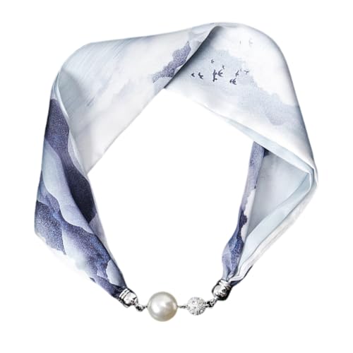 Ribbon Silk Scarf Necklace Magnetic Buckle,Scarf Tie Neck Scarfs With Rhinestone Pearl,Headdress Pendant Scarfs