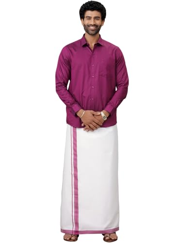 Image of RAMRAJ COTTON Men Full Sleeve Solid Shirt With Matching Border Dhoti|Ideal For Weddings And Occasion