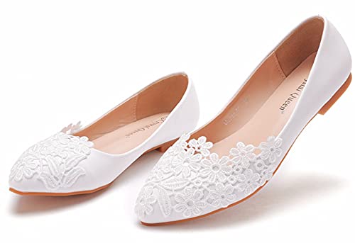 Hee grand Women's Crystal White Wedding Shoes Rhinestone Beaded Pointed Toe Slip On Ballet Flats Shoes for Bride and Bridesmaid