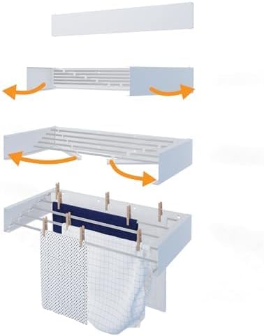 Glide Foldable Wall Mounted Clothes Rack, Retractable Clothes Drying Rack. Sleek Design With 5 x 70cm Rods For 3.5m Of Hanging Line. Perfect For Saving Space. 20kg Capacity, 70cm, White