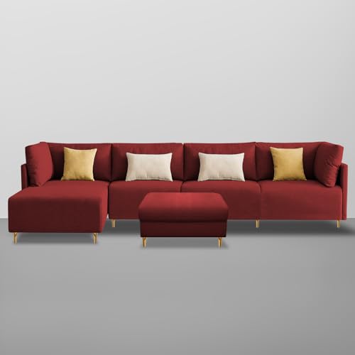 Image of Carina LHS 6 Seater L Shape Sofa Set with Center Table for Living Room (Maroon Fabric) Premium Fabric Sofa