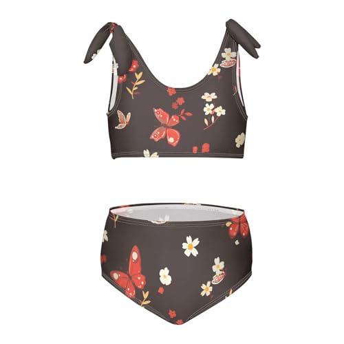KLL Embroidery and Rhinestones Small Red Butterfly Girls Two Piece Bikini Sets Quick-Dry Swimsuits Swimwear Adjustable Strap