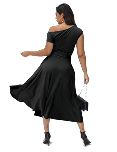 Women's Elegant Off Shoulder Sleeveless Belted Side Slit Cocktail Swing Dress with Pockets4