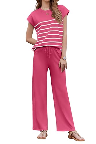 Image of Ekouaer Striped Lounge Set 2 Piece Sweater Matching Outfits Travel Knit Clothing Sets for Women