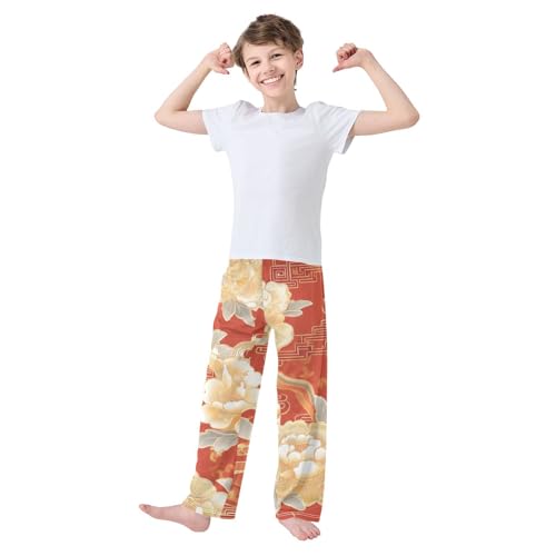 Golden Peony Flower Boys Long Pants Soft Trousers Elastic Waist Kids Lounge Bottoms with Pockets S-XL3
