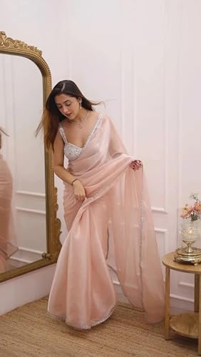 Image of Amazon Brand - Tavasya Women's Baby Pink Jimichu Silk Saree with Elegant Lace Embroidery Work and Satin Blouse Piece - Perfect for Weddings, Parties & Festive Occasions