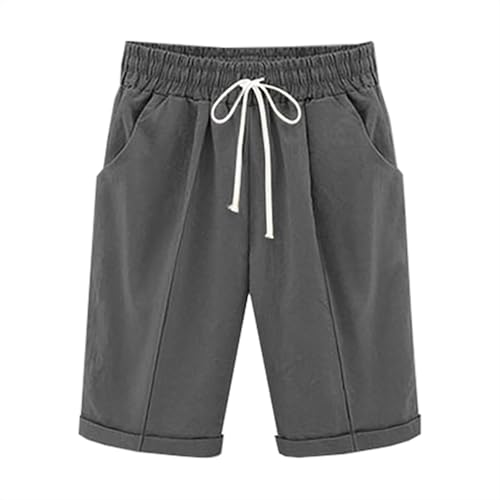 Straight Leg Shorts for Women Cotton Linen Drawstring Elastic Waist Short Pants Casual Leisure Comfy Bermuda Shorts(#01 Gray,XX-Large)