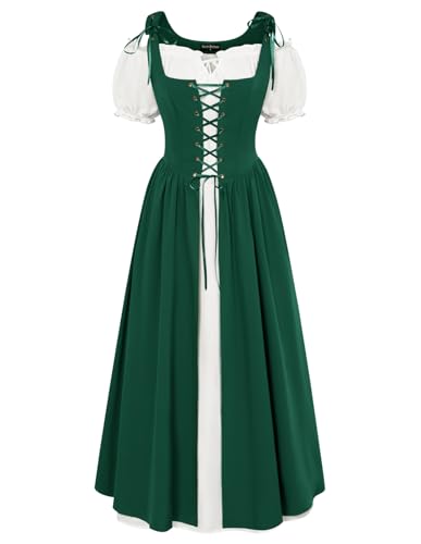 Damen Cottagecore Medival Dress Vintage Lace-Up Peasant Pieces Lange Korsett Kleid Dunkelgrün S