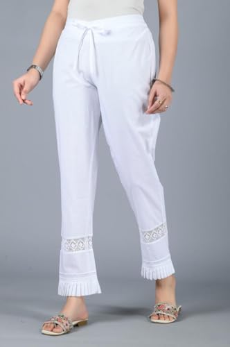 Women's Cotton Regular Fit High Rise Palazzo Pants with Lace Detail, Drawstring Waist, Ankle Length3
