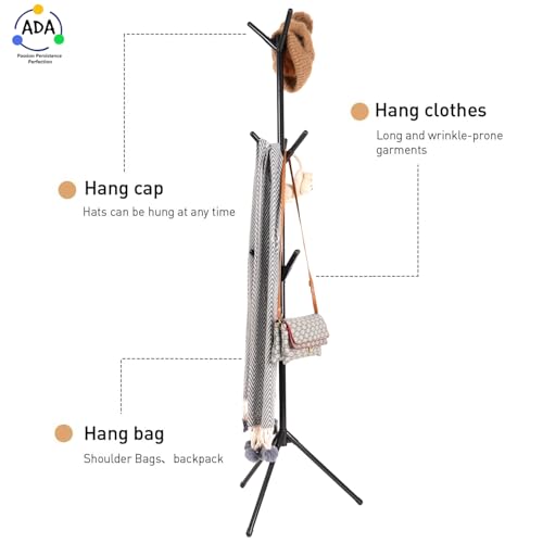 Image of ADA Metal Premium Freestanding Coat Rack with 9 Hooks|Coat Hanger Stand|Coat Tree Clothes Stand for Hats, Bags, Jacket, Umbrella for Entryway, Hallway, Bedroom, Office - Black, 460 x 460 x 1700 mm
