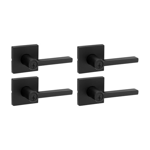 Image of Kwikset Halifax Entry Door Handle with Lock and Key, Secure Keyed Reversible Lever Exterior, for Front Entrance and Bedrooms, Matte Black, 4 Pack, Pick Resistant SmartKey Rekey Security and Microban