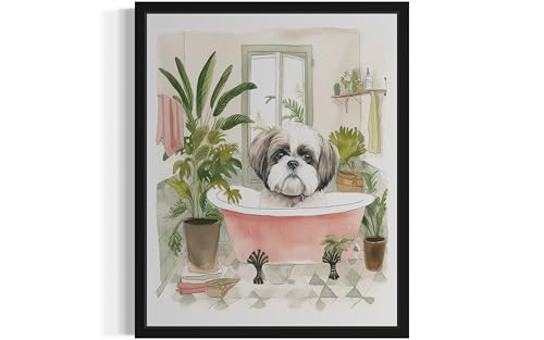 Image of Shih Tzu in Bathtub Black Framed Wall Art Poster Print, Animal Bathtub Restroom Wall Art Painting for Bathroom Decor Gallery Gallery 30 (Shih Tzu in Bathtub, 14 inch L x 11 inch W, Black Frame)