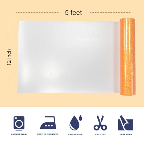 Image of Fluorescent Orange Glitter Puff Vinyl Heat Transfer - 12 inch x 5ft 3D Puff HTV Vinyl, Glitter Puffy Iron-On for Fabrics, Perfect for T-Shirts, Bags, Pillows, Compatible with Cricut & Cameo
