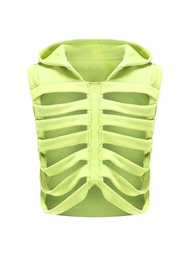 CsunYuk Unisex Oversized Skeleton Hoodie Men Cropped Sleeveless Sweatshirt for Women Goth Halloween Costume Skull Hooded Vest (Green)