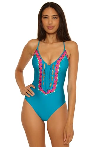 Trina Turk Mykonos - Women's Lace Up One Piece Swimsuit, Adjustable, Tie Back, Bathing Suits for Women, Elysian Teal, 12