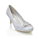 New Womens Low Heel Satin Diamante Buckle Ladies Bridal Evening Party Prom Bridesmaid Court Shoes 3-8 (UK 6 / EU 39 / US 8, Silver Satin)