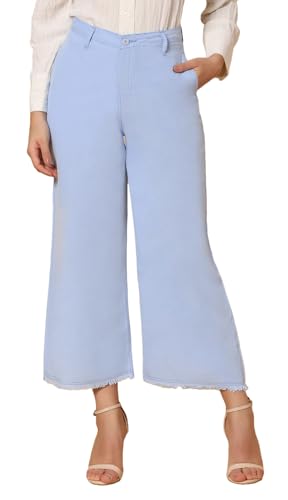 Image of TWGE Women's High Waist Wide Leg Jeans - Single Button, Stretchable Denim Pants - Ankle Length - Stylish Casual Wear