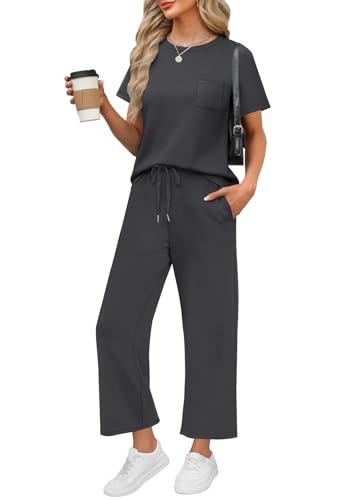 WIHOLL 2 Piece Sets for Women Casual Summer Travel Vacation Outfits Short Sleeve Wide Leg Crop Pants Lounge Sets