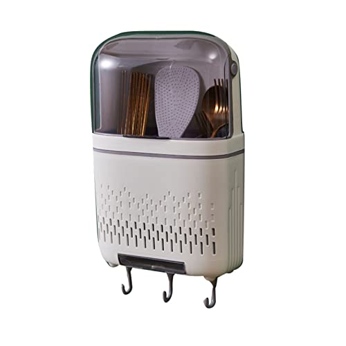 Nikou Kitchen Cutlery Organizer Hanging Rack, Chopstick Holder Compartmental Drainer with Cover, Wall Mounted Utensil Storage Box Container for Spoons, Spatulas, Forks (Grey White)