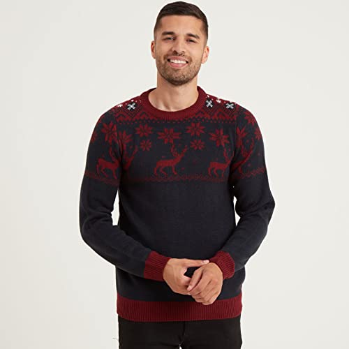 Snuggaroo Mens Reindeer Knitted Fair Isle Christmas Jumper - Navy/Burgundy - M - Image 4