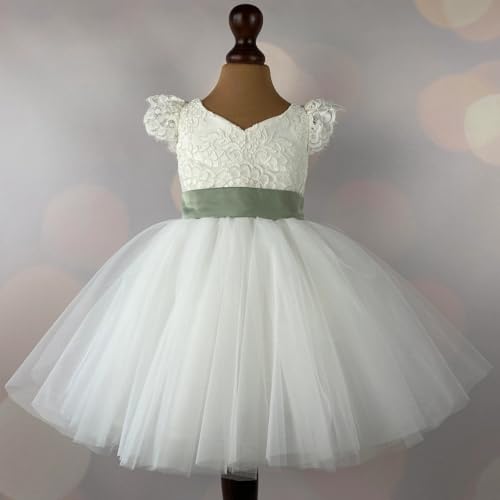 Custom Flower Girl Dress Tulle Floral Pattern Appliques Top with Green Bow Belt Cap Sleeve for Wedding Party Birthday Banquet Holy Communion Gowns4