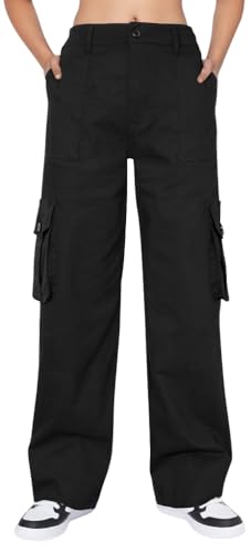🏆 High Waist Stretch Cargo Pants Women 6 Pockets Relaxed Fit Straight Wide Leg Y2K Pants2