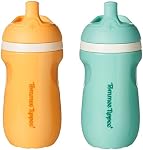 Tommee Tippee Insulated 9oz Sporty Spout Toddler Water Bottle, No Spill, Sippy Cups for Toddlers 1-3, Two-Piece Valve Helps Stop Spills, Light Blue & Orange, BPA Free, Pack of 2