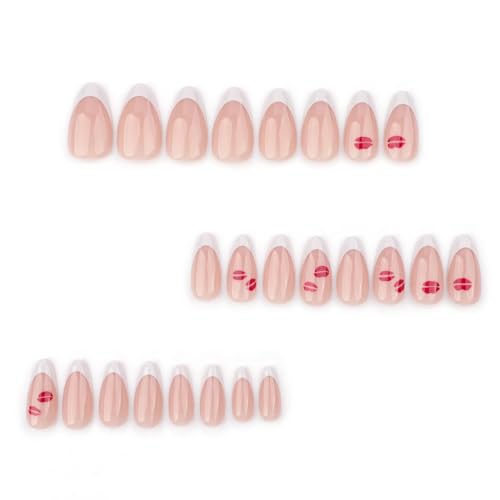Image of French Tip Lip Print False Nails - Medium Almond Glossy Artificial Acrylic Full Cover Stick on Nails for Women's Valentine's Day Manicure